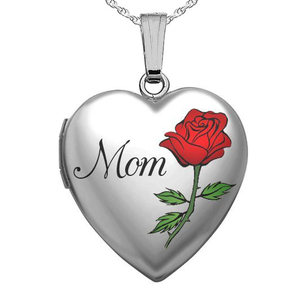 Sterling Silver Color Rose  Mom  Heart Photo Locket