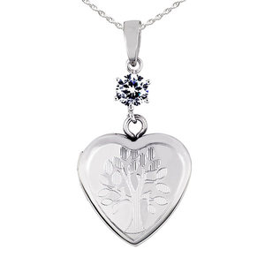 Sterling Silver Small Tree of Life Heart Photo Locket with Cubic Zirconia