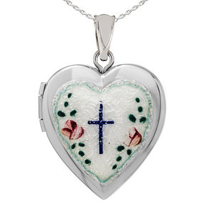 Sterling Silver Enameled Cross Heart Photo Locket