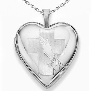 Sterling Silver Praying Hands with Cross Heart Photo Locket