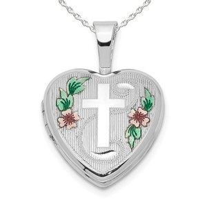 Sterling Silver Cross with Enamel Flowers Heart Photo Locket