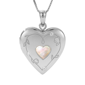 Mother of Pearl Floral Engraved Heart Locket with Diamond Accents