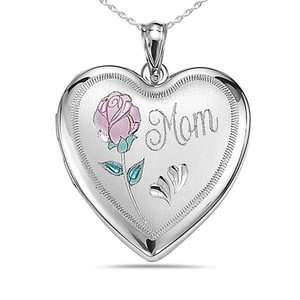 Sterling Silver Mom with Enamel Flower Heart Photo Locket