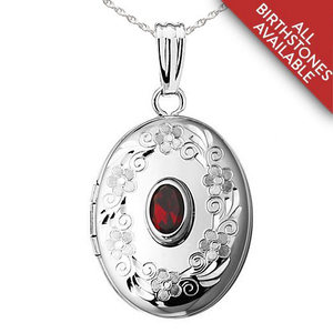 Sterling Silver Floral Border with Birthstone Oval Photo Locket