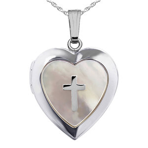 Sterling Silver Mother of Pearl Cross Heart Photo Locket - PG71417