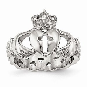 Stainless Steel Unisex Polished Claddagh with Cross Ring