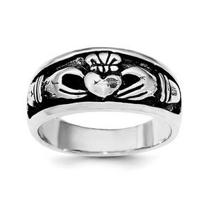 Unisex Sterling Silver and Rhodium Antiqued Claddagh Ring