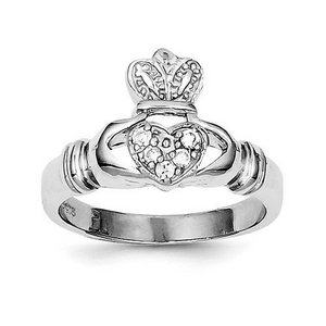 Ladies or Children Sterling Silver Polished CZ Claddagh Ring