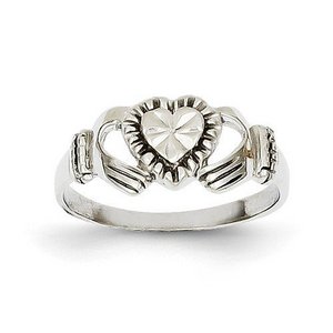 14k White Gold Child s Polished and Diamond Cut Claddagh Ring