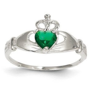 14K White Gold CZ May Birthstone Claddagh Heart Ring