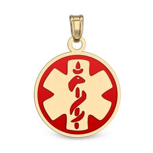 14k Yellow Gold Medical ID Round Charm or Pendant with Red Enamel
