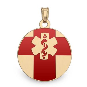 14k Gold Filled Medical ID Round Charm or Pendant with Red Enamel