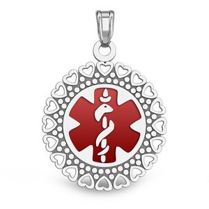 14k White Gold Medical ID Round Charm or Pendant with Red Enamel