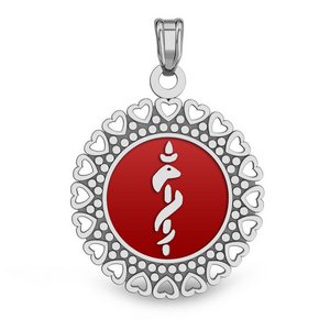 14k White Gold Medical ID Round Charm or Pendant with Red Enamel