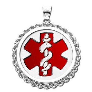 Sterling Silver Medical ID Round Rope Frame Charm or Pendant with Red Enamel