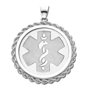 14k White Gold Medical ID Round Rope Frame Charm or Pendant