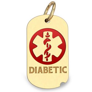 14k Yellow Gold Diabetic Dog Tag Charm or Pendant with Red Enamel
