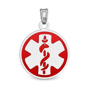 14k White Gold Medical ID Round Charm or Pendant with Red Enamel