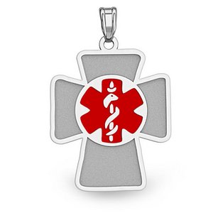 Sterling Silver Medical ID Cross Charm or Pendant with Red Enamel