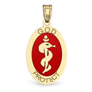 14k Yellow Gold  God Protect  Charm or Pendant with Red Enamel