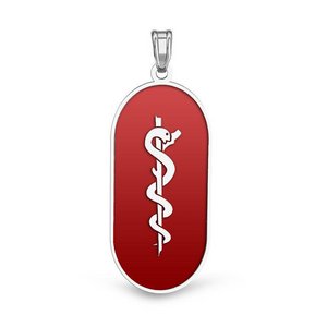 14k White Gold Medical ID Pill Shaped Charm or Pendant with Red Enamel