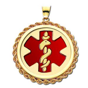 14k Yellow Gold Medical ID Round Rope Frame Charm or Pendant with Red Enamel