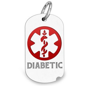 14k White Gold Diabetic Dog Tag Charm or Pendant with Red Enamel