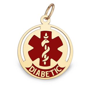 14k Yellow Gold Diabetic Round Charm or Pendant with Red Enamel