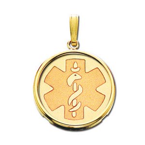 14k Yellow Gold Medical ID Round Bezel Frame Charm or Pendant