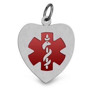 Stainless Steel Medical ID Heart Charm or Pendant with Red Enamel