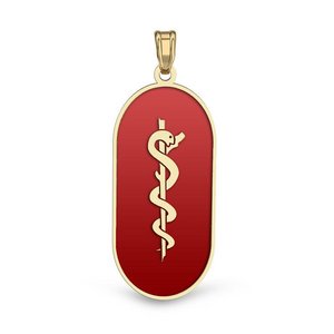 14k Yellow Gold Medical ID Pill Shaped Charm or Pendant with Red Enamel