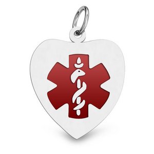14k White Gold Medical ID Heart Charm or Pendant with Red Enamel