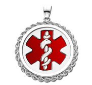 Sterling Silver Medical ID Round Rope Frame Charm or Pendant with Red Enamel