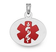 14k White Gold Medical ID Oval Charm or Pendant with Red Enamel