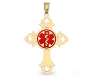 14K Yellow Gold Medical ID Cross Charm or Pendant with Red Enamel