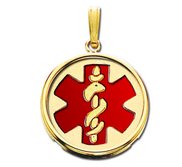 14k Yellow Gold Medical ID Round Bezel Frame Charm or Pendant with Red Enamel