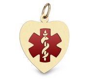 14K Filled Gold Medical ID Heart Charm or Pendant with Red Enamel