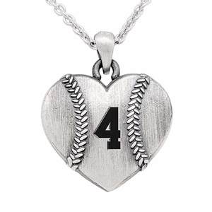 Sterling Silver Heart Shaped Baseball Pendant w  Number   Chain