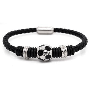 Stainless Steel Black Leather Soccer Ball Bracelet