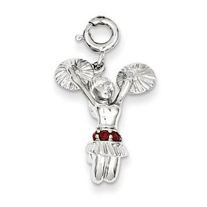Sterling Silver High Polished 3 D Cheerleader with Red Synthetic Stone Charm w  Spring Ring