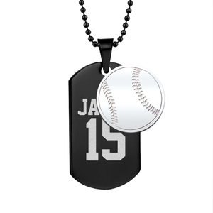 Black Stainless Steel Sports Name and Number Dog Tag w  Baseball Charm