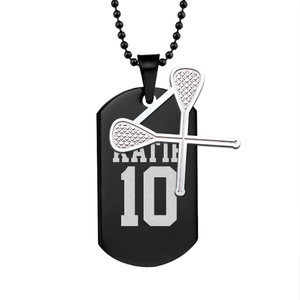 Black Stainless Steel Sports Name and Number Dog Tag w  Lacrose Charm