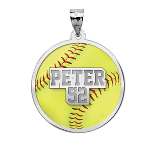 Color Enameled  Yellow Softball Pendant with Name   Number