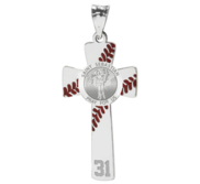 Baseball Stitched Saint Sebastian Enameled Cross Pendant w  Number