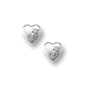 14K  White Gold Child s  Heart   with Flower Hand Engraved Earrings
