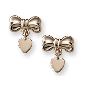 14K Yellow Gold Children s  Bow  with a Dangle Heart Earring