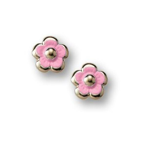 14K Yellow Gold Children s  Pink Enamel   Flower  Post Earrings