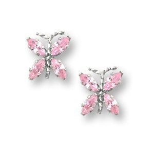 Sterling Silver Children s  Butterfly  Post Earrings w  Pink CZ 