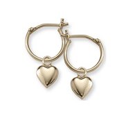 14K  Yellow Gold Children s Hoops with Dangling  Hearts Earrings