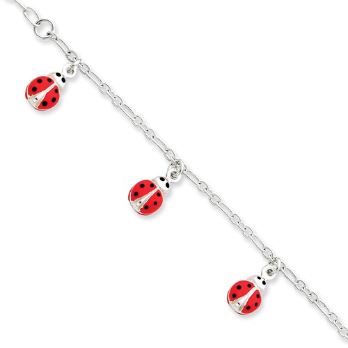 Sterling Silver Childrens Enameled Ladybug Charm Link Bracelet - PG91321